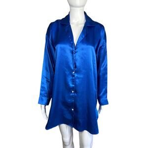 Vintage Gold Label Victoria's Secret Satin Royal Blue Lg Sleeve Nightgown Small